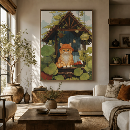 Ghibli-inspired orange cat cottage canvas in dark frame hung in warm Japandi living room