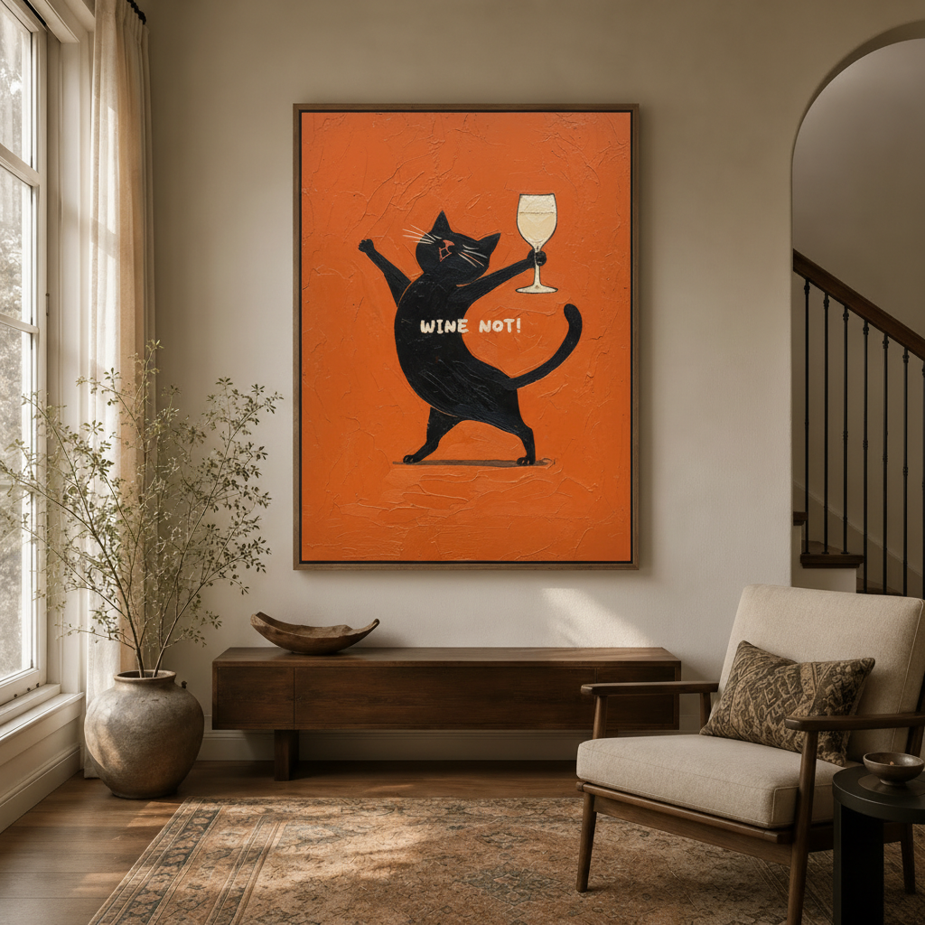 Wine Not black cat canvas wall art hanging in a stylish entryway with arched doorway
