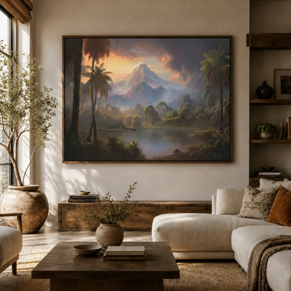 Framed tropical jungle landscape canvas art displayed above white sofa in modern living room with natural light