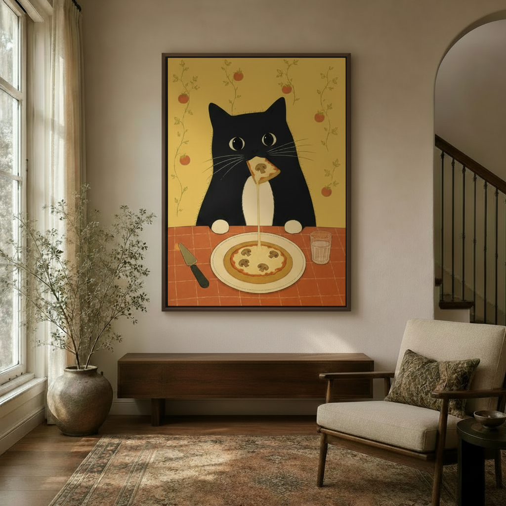 Whimsical tuxedo cat wall art in walnut float frame styled in a warm entryway