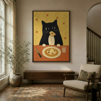 Whimsical tuxedo cat wall art in walnut float frame styled in a warm entryway