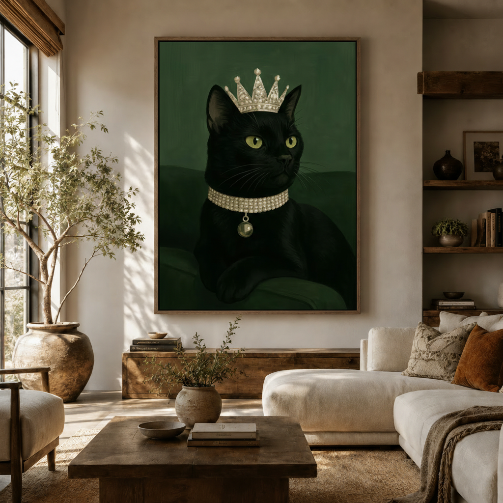 Regal black cat pearl crown portrait canvas hung above white sofa in bright modern living room