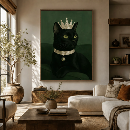 Regal black cat pearl crown portrait canvas hung above white sofa in bright modern living room