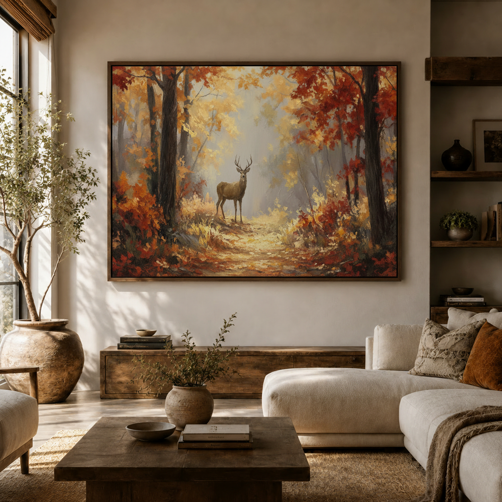 Framed autumn deer painting hanging above sideboard in modern organic living room with olive tree