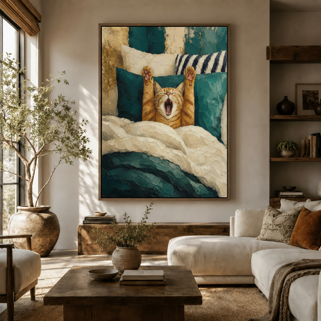 Large funny cat yawning impasto canvas wall art above sofa in warm boho living room