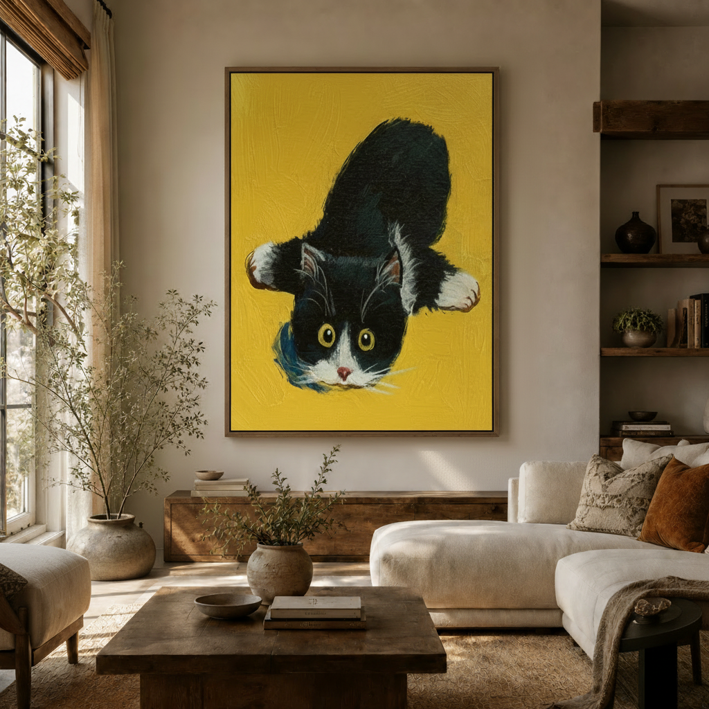 Bold yellow cat impasto painting framed canvas hanging in a bright boho living room with white sofa