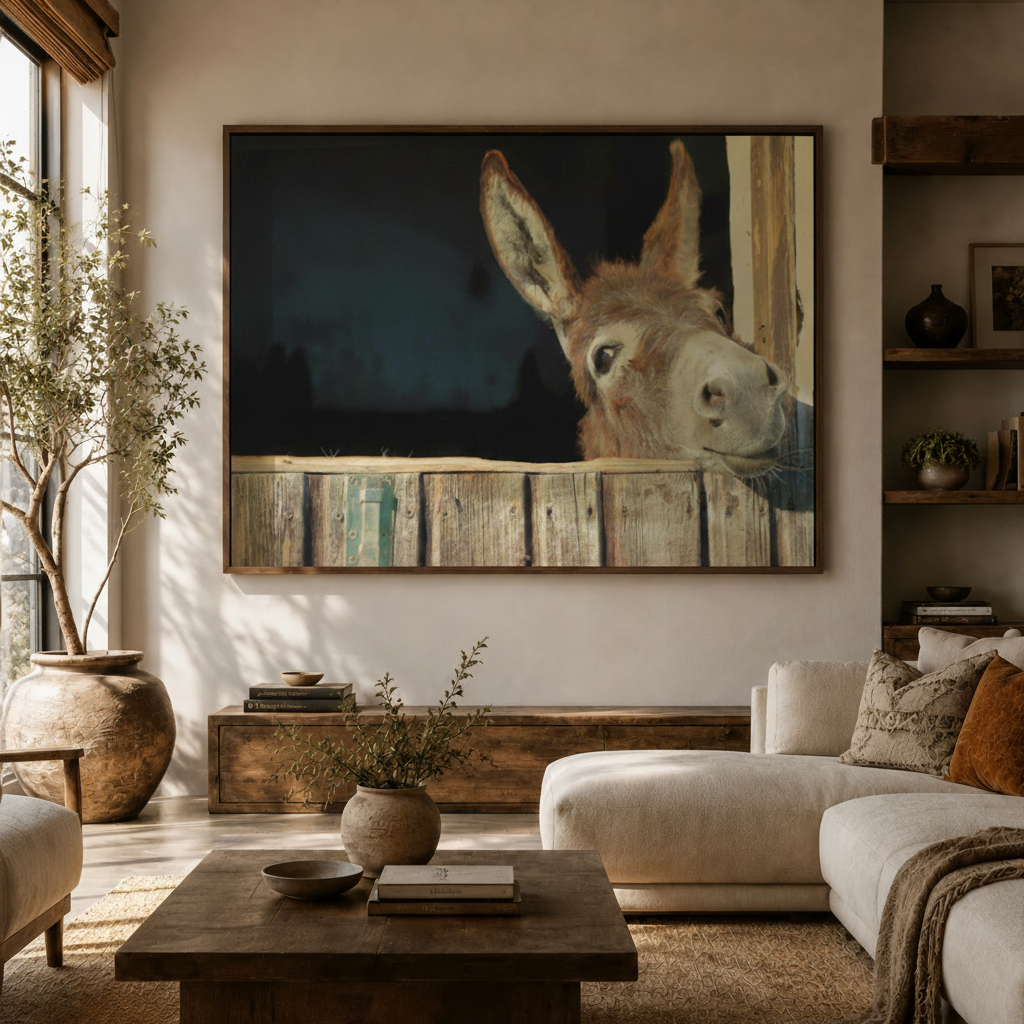 Farmhouse animal canvas print hanging in a modern living room above a white modular sofa