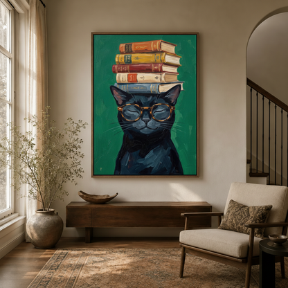 Whimsical black cat reading art canvas displayed in bright entryway beside arched doorway and armchair