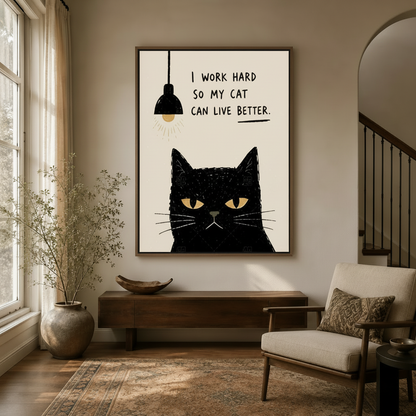 Minimalist cat illustration print in walnut float frame, large wall art in entryway interior