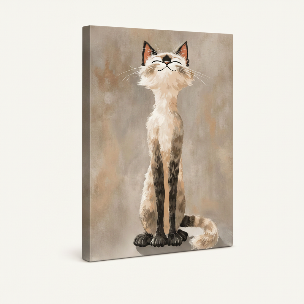 Side view of whimsical Siamese cat canvas print showing gallery-wrapped edge detail