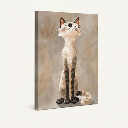 Side view of whimsical Siamese cat canvas print showing gallery-wrapped edge detail
