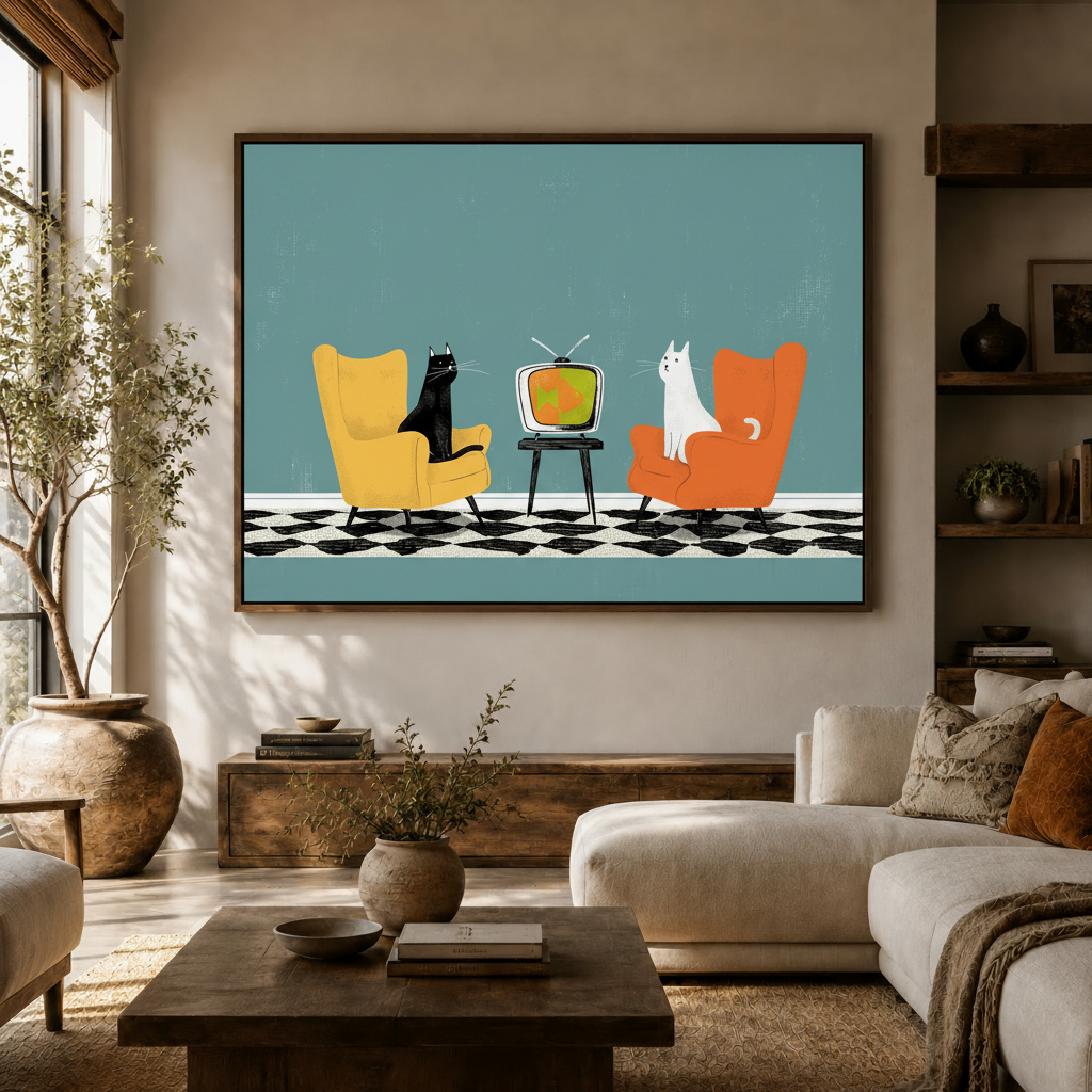 Retro cat wall art in dark float frame hung above sideboard in modern living room