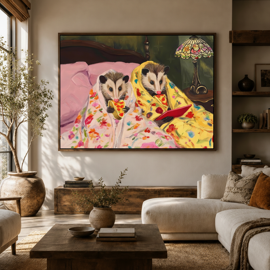 Humorous animal canvas wall art with two opossums in bed hung in bright living room with white sofa