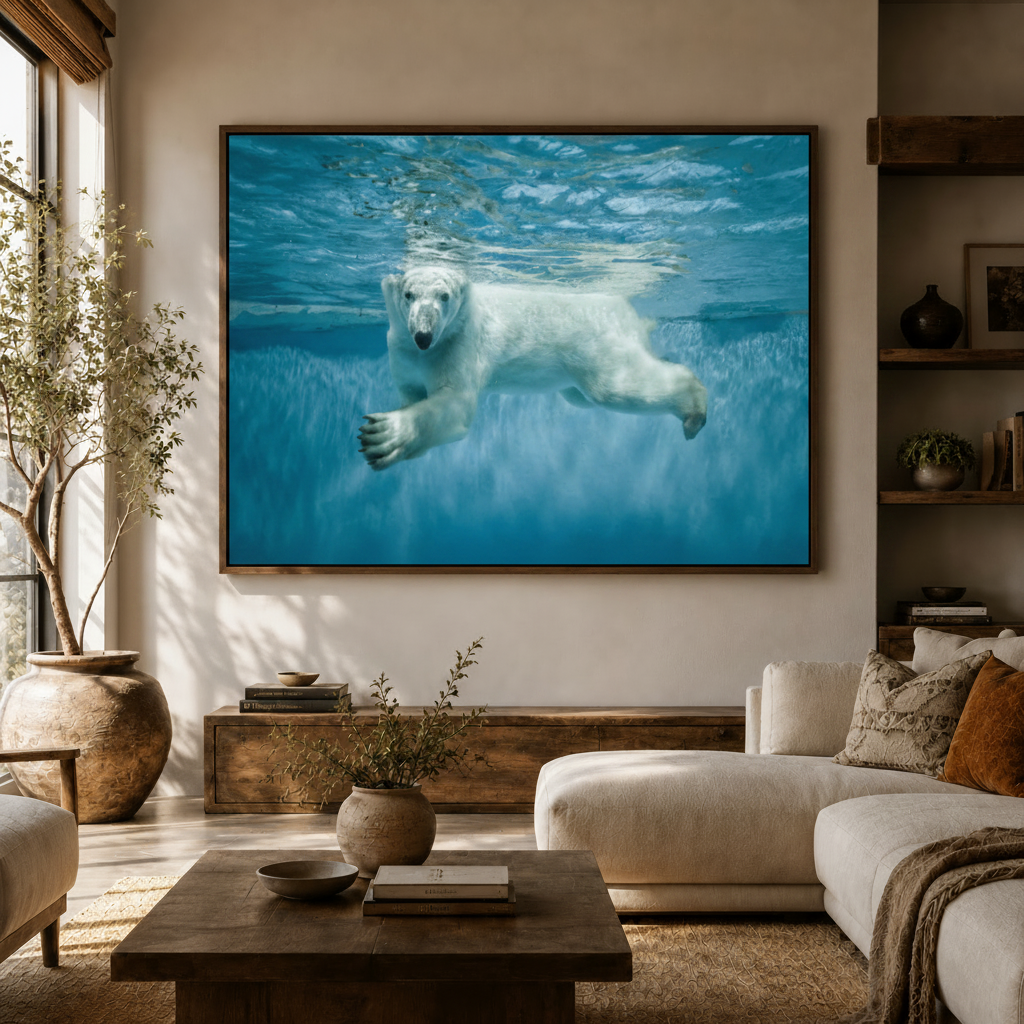 Polar bear arctic wildlife canvas wall art styled in a bright living room with white sofa and natural wood furniture