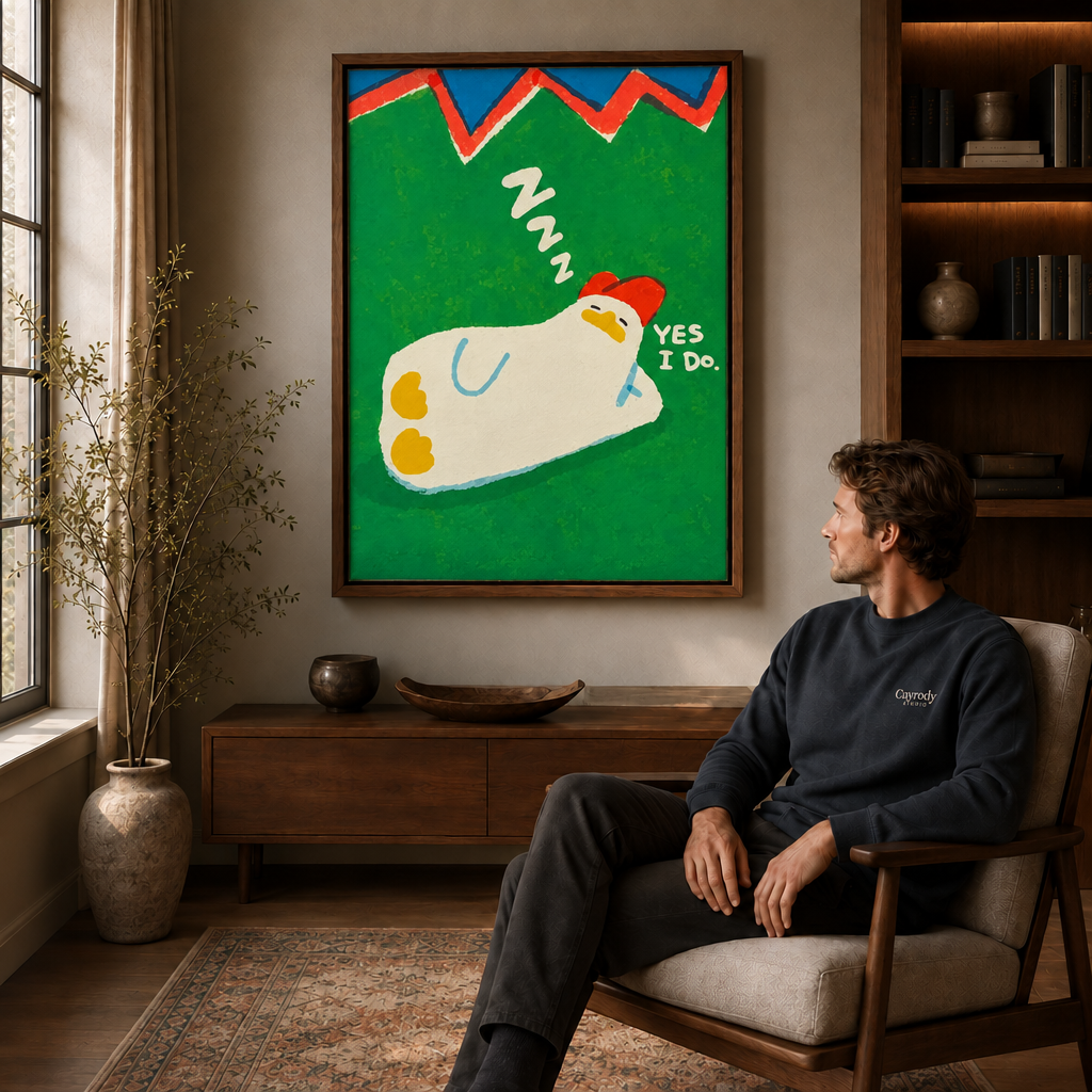 Whimsical white chicken and playful sleep marks displayed above a seated man.
