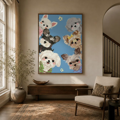 Cute cartoon dog wall art in a modern entryway with arched doorway and natural light