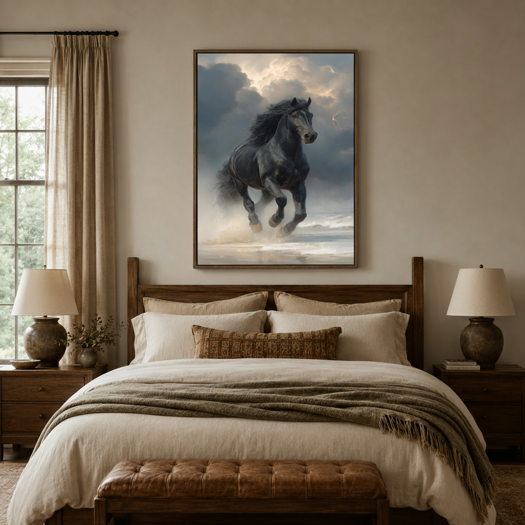 Dramatic stallion oil painting canvas hung above wooden bed headboard in a cozy neutral bedroom setting