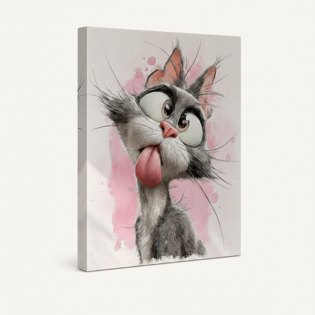 Gallery-wrapped canvas of funny gray cat with tongue out and pink watercolor background shown at angle on white
