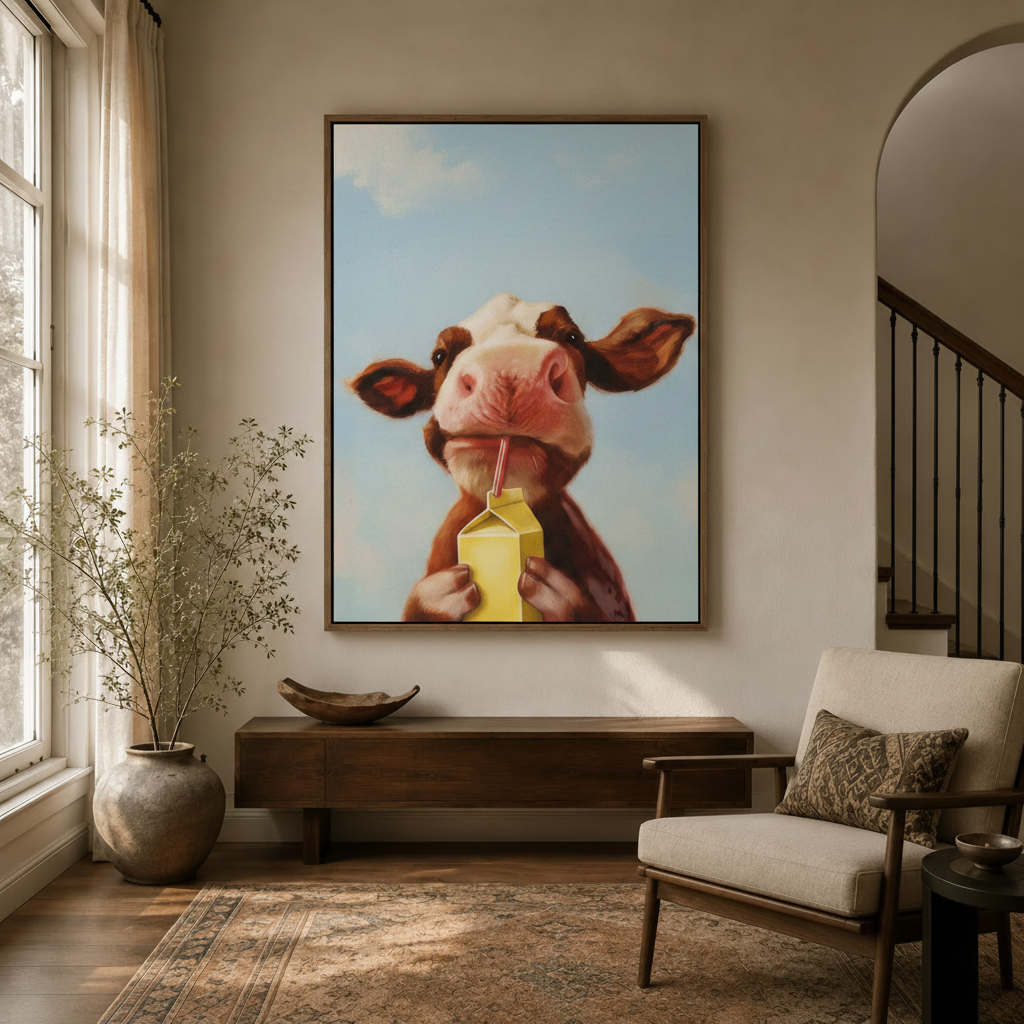 Whimsical cow with milk carton wall art in thin brown float frame hung above console in a warm neutral entryway