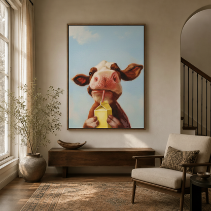 Whimsical cow with milk carton wall art in thin brown float frame hung above console in a warm neutral entryway