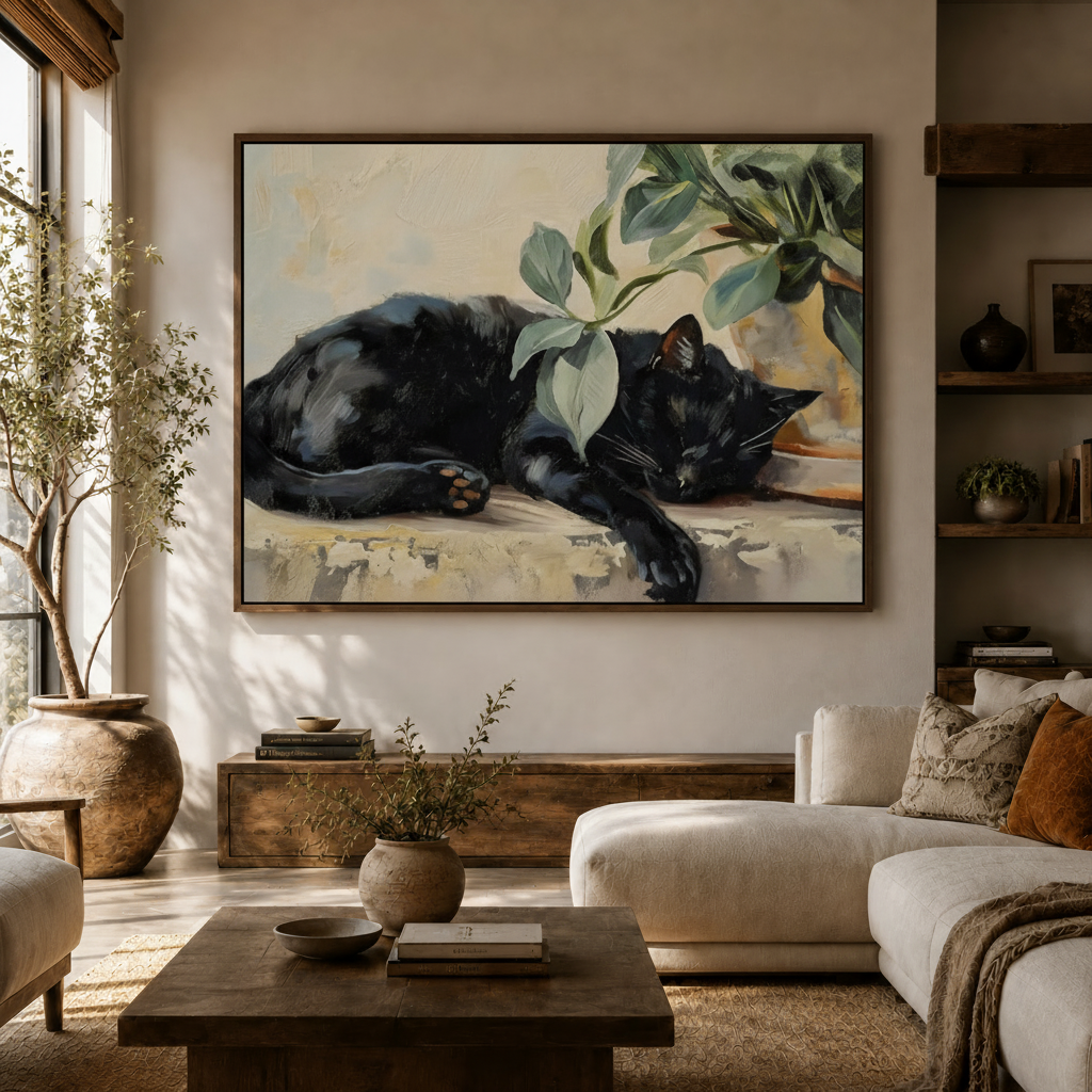 Framed black cat with green plant canvas wall art above console in bright neutral living room