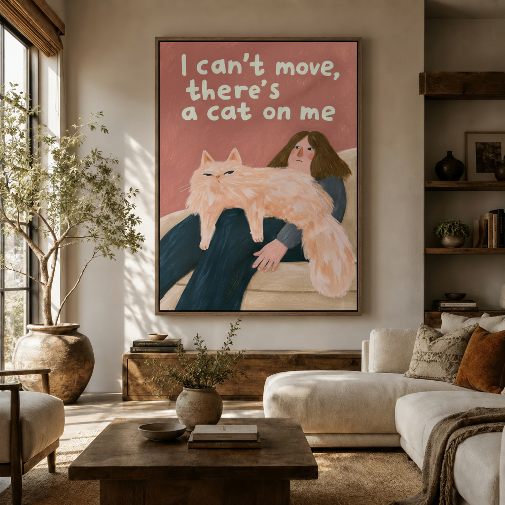 Whimsical cat illustration canvas print hanging in cozy living room above sideboard