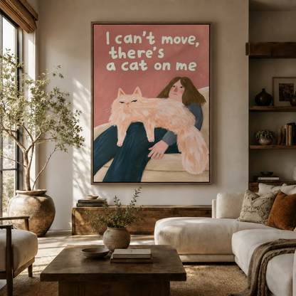 Whimsical cat illustration canvas print hanging in cozy living room above sideboard