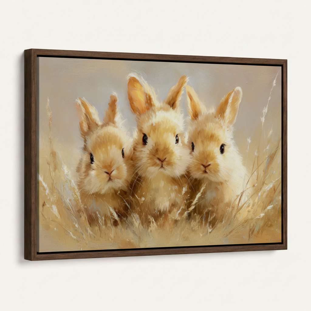 Framed three baby rabbits meadow realistic impasto canvas print in dark walnut float frame angled view
