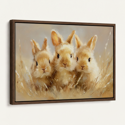 Framed three baby rabbits meadow realistic impasto canvas print in dark walnut float frame angled view