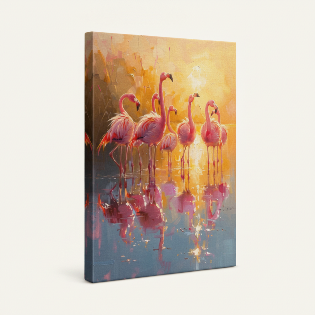 Gallery-wrapped flamingo sunset canvas showing pink flamingos and golden water reflections, 3/4 angle view
