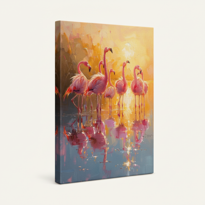 Gallery-wrapped flamingo sunset canvas showing pink flamingos and golden water reflections, 3/4 angle view
