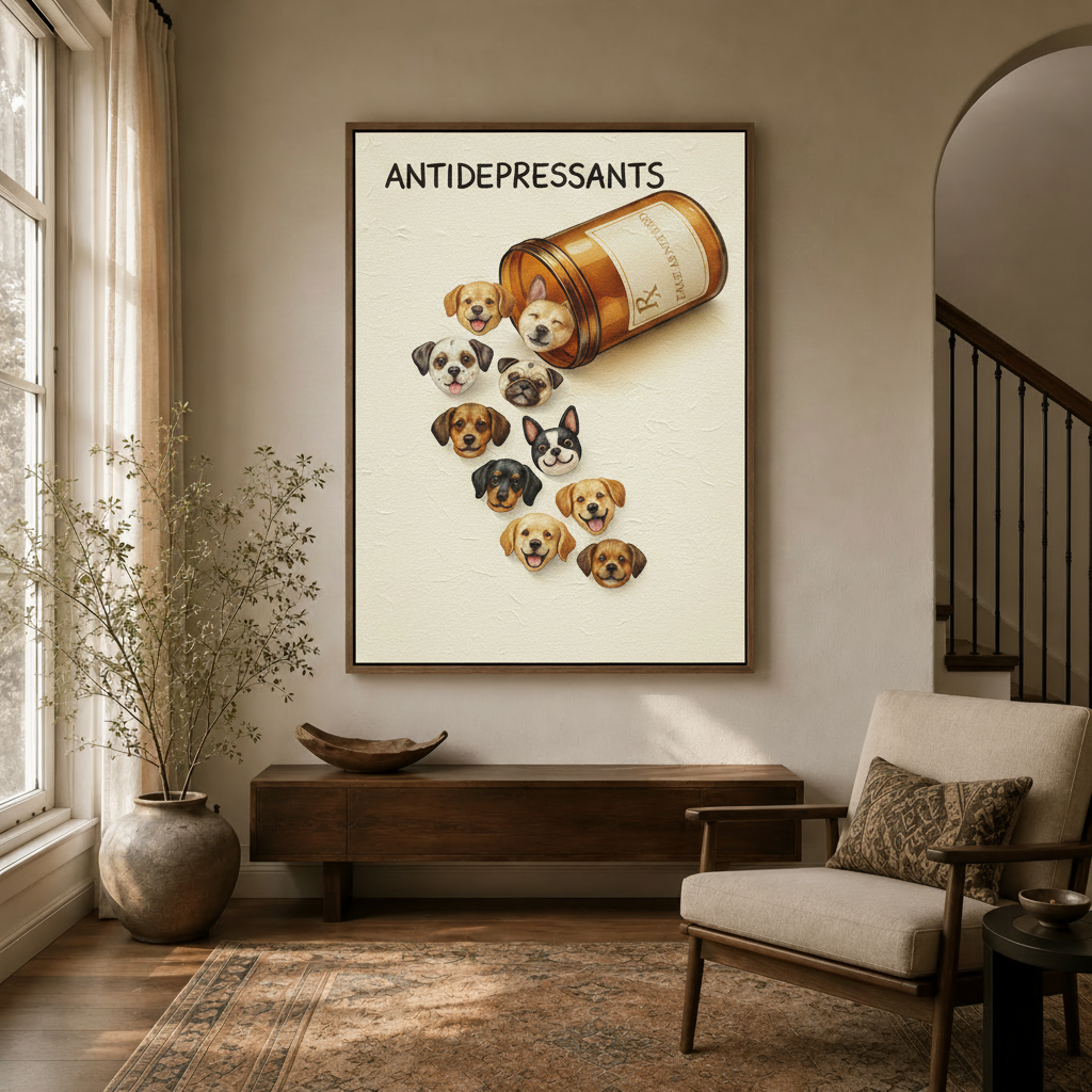 Humorous dog pill bottle canvas print in dark walnut float frame in modern entryway hallway