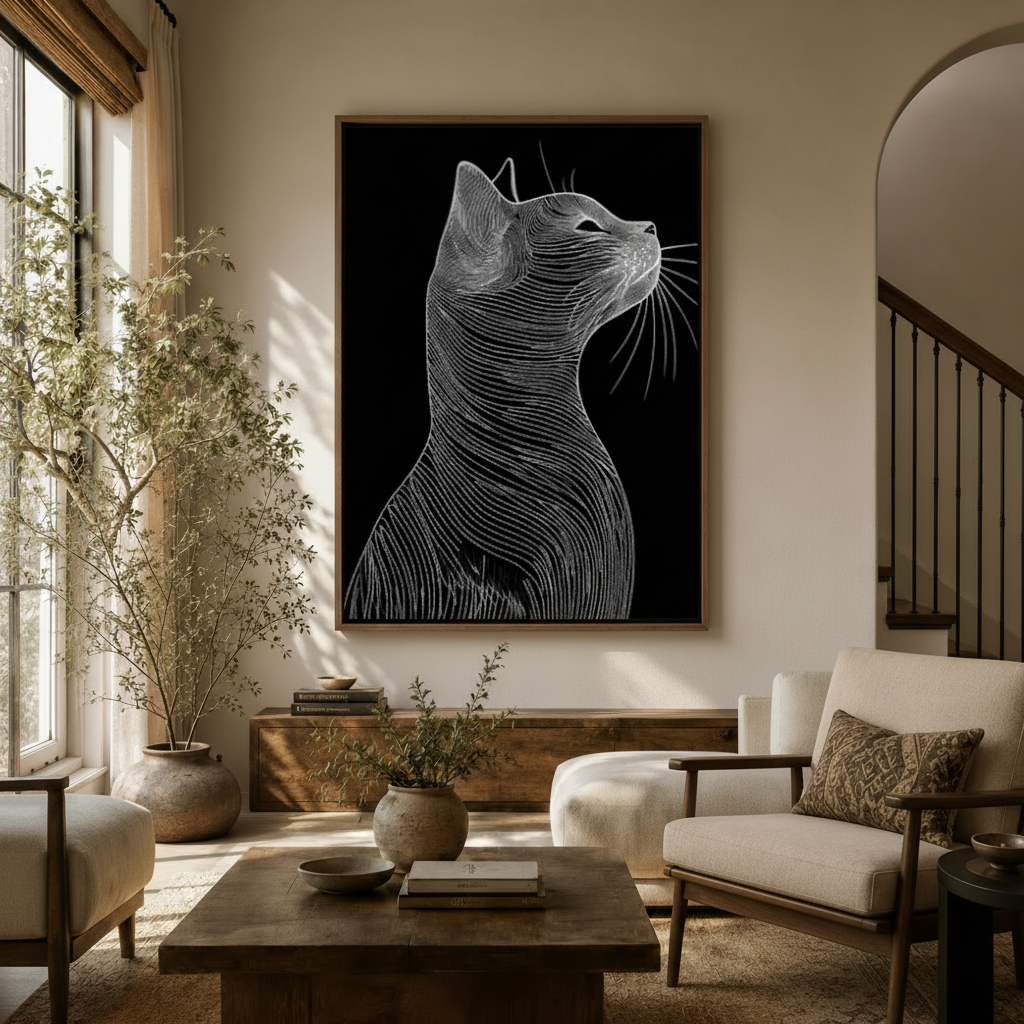 Black cat scratchboard engraving canvas wall art displayed above console in warm neutral living room