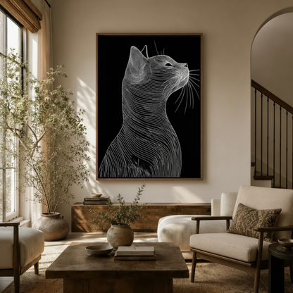 Black cat scratchboard engraving canvas wall art displayed above console in warm neutral living room