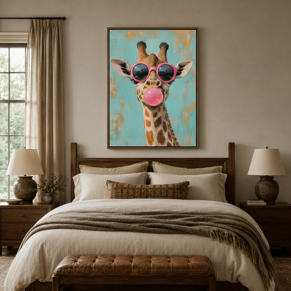 Bold giraffe pop art canvas in dark wood float frame above a bed in a cozy warm-toned bedroom