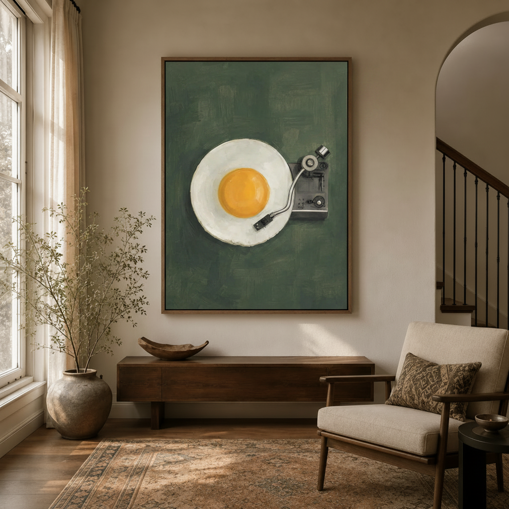 Pop art fried egg vinyl turntable wall art hanging in a bright hallway with natural light