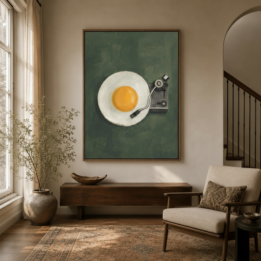 Pop art fried egg vinyl turntable wall art hanging in a bright hallway with natural light