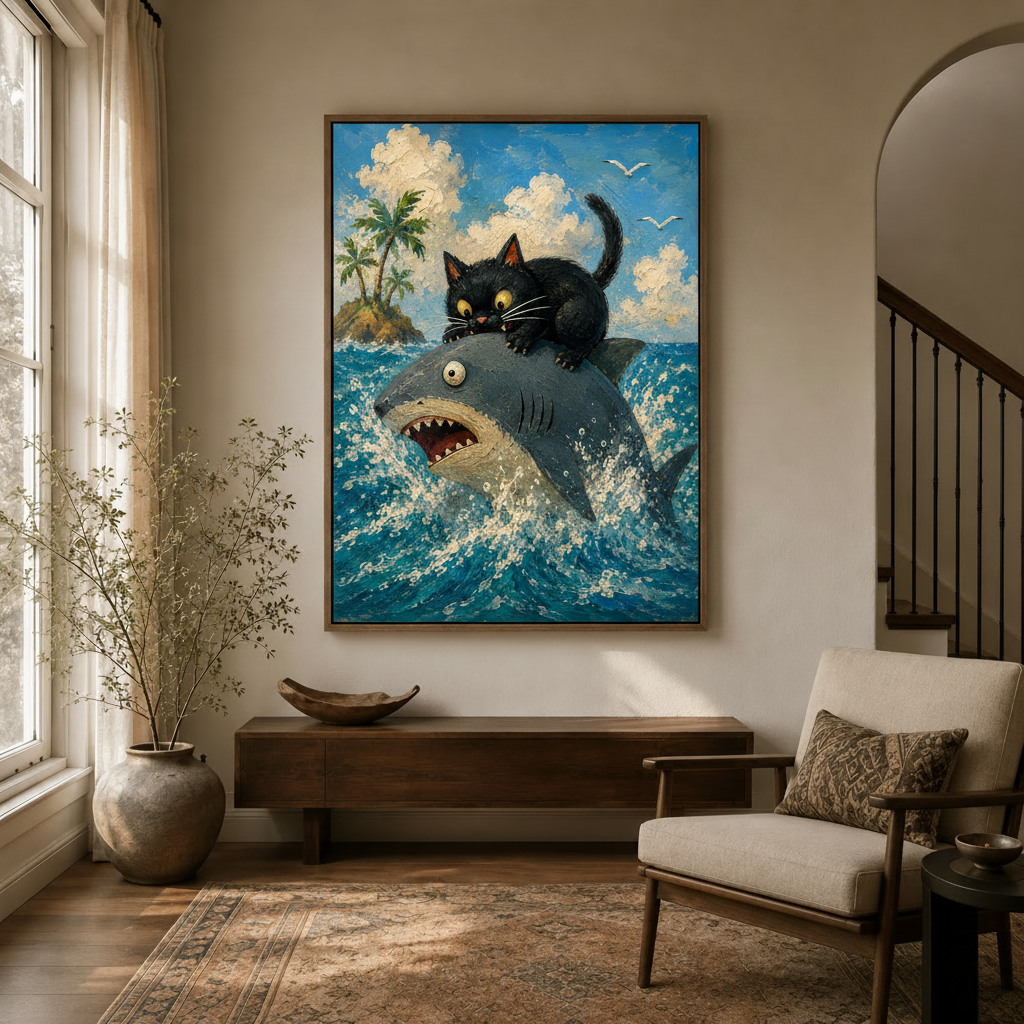 Black cat riding shark folk art canvas print in dark walnut frame displayed in modern entryway with arched doorway
