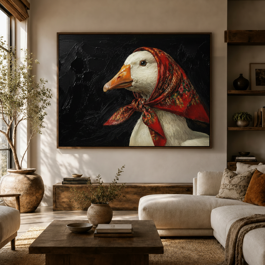 Bold goose canvas wall art in dark float frame displayed above sofa in modern living room