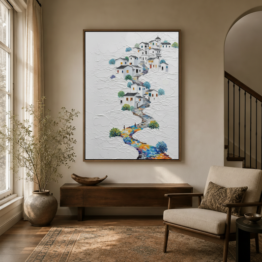 Textured palette knife village oil painting wall art hanging in a cozy entryway with arched doorway