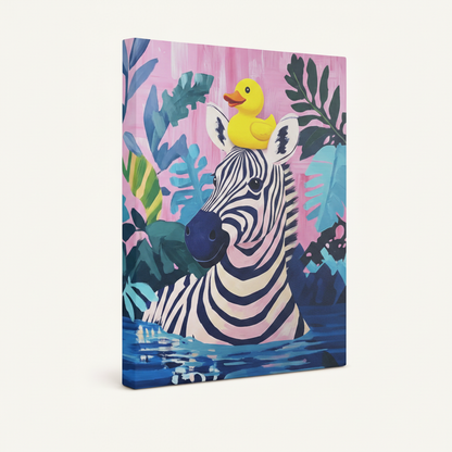  Side view of tropical zebra rubber duck canvas print showing gallery-wrapped edge detail