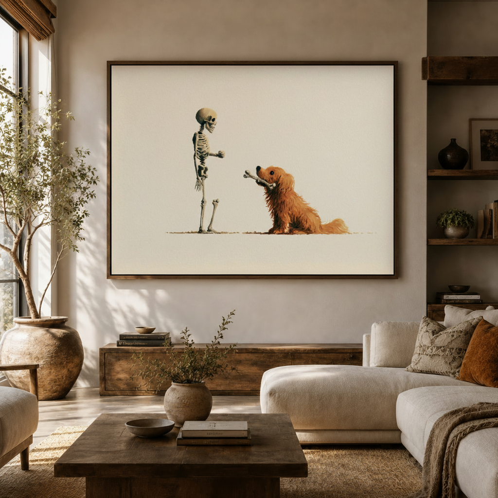  Humorous skeleton golden retriever illustration framed above console in bright modern living room