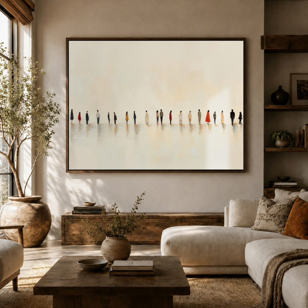 Contemporary people painting in dark walnut frame hanging above a white sofa in a modern living room