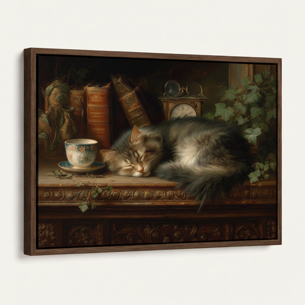 Fluffy gray cat antique desk books teacup clock canvas print dark walnut float frame 3/4 mockup view