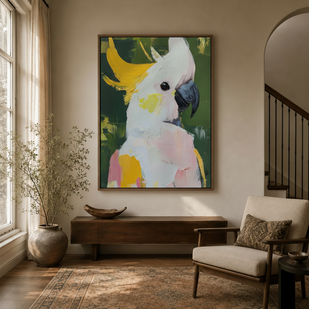 Bold sulphur-crested cockatoo impasto canvas print in modern entryway with arched doorway