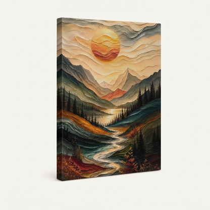 Gallery-wrapped mountain sunset layered relief canvas, 3/4 left-tilt showing dark green wrap edges and warm orange tones