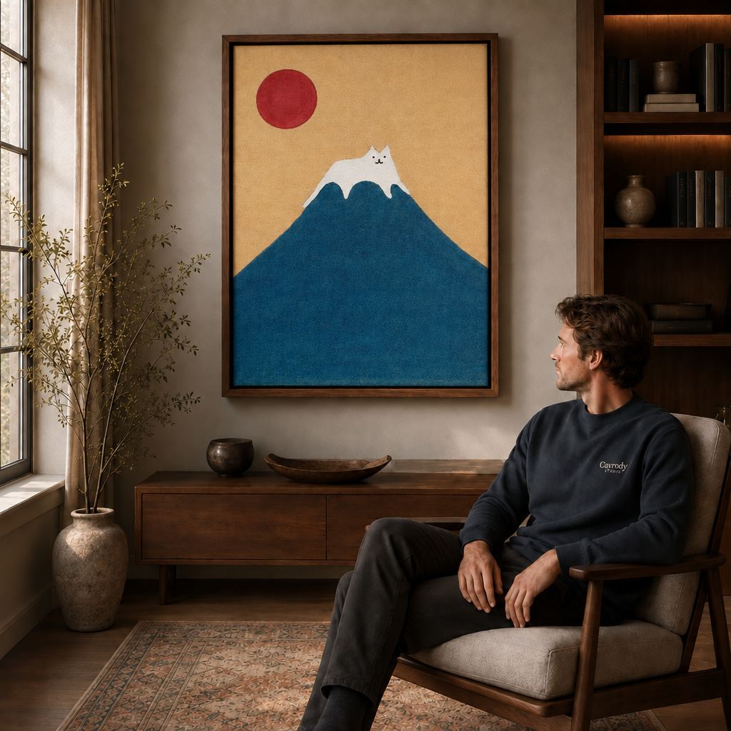Man seated in an armchair beside a walnut floating-frame wall art of a white cat resting on a blue mountain.
