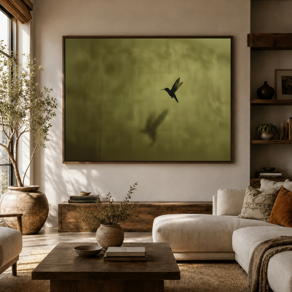 Minimalist hummingbird art print on canvas hung above sideboard in bright modern living room