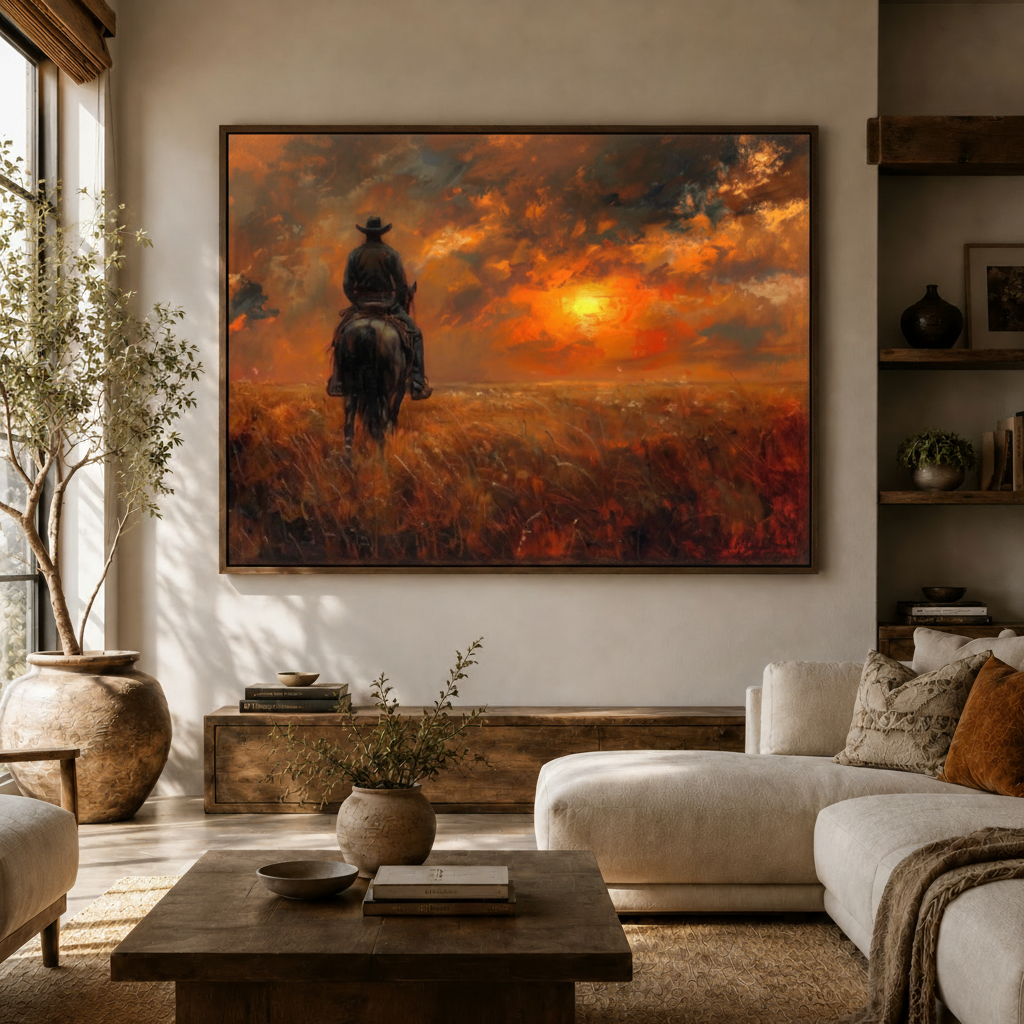Western cowboy sunset oil painting in dark walnut float frame displayed above white sofa in modern living room