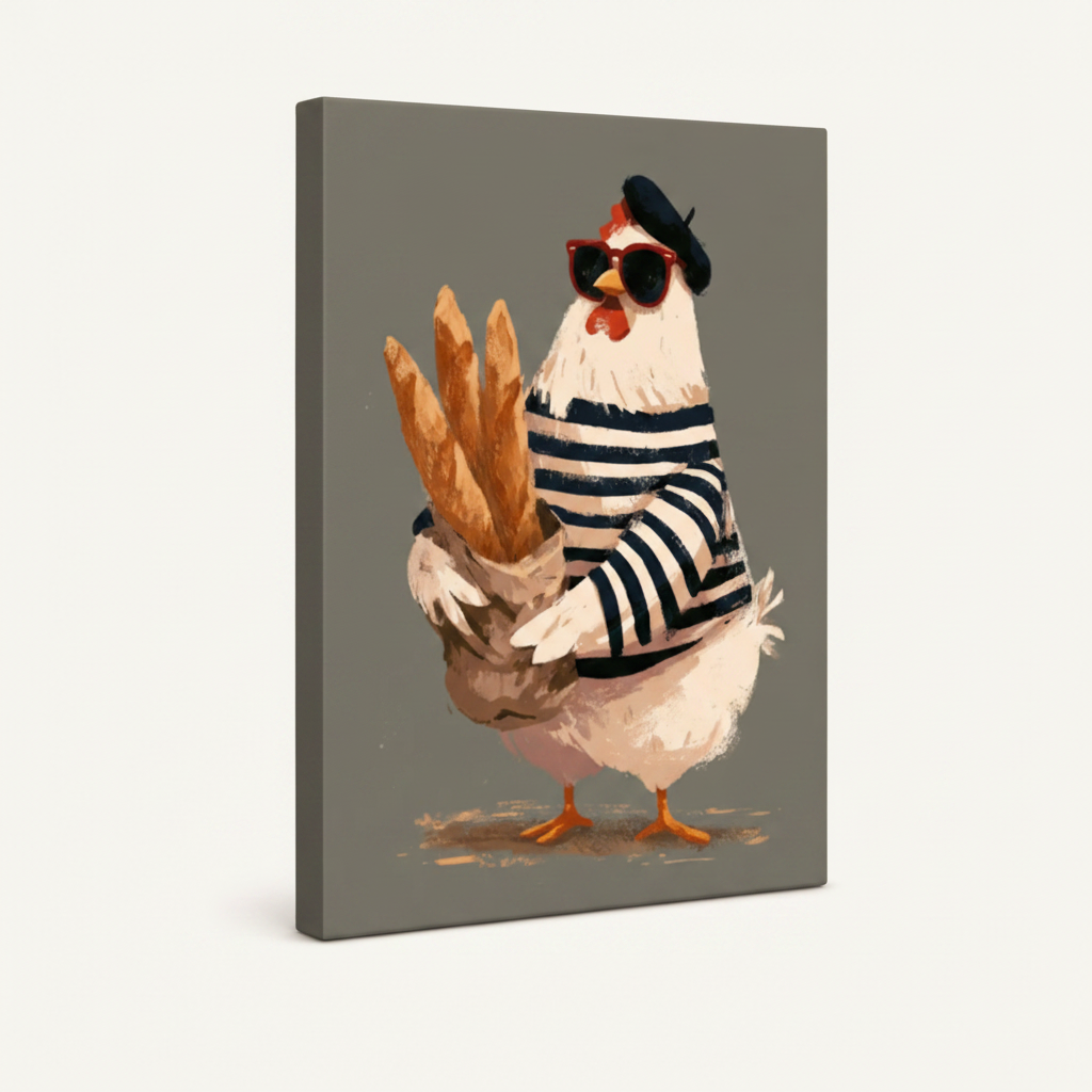 Gallery-wrapped canvas of white chicken in beret and stripes holding baguette shown at angle on white background